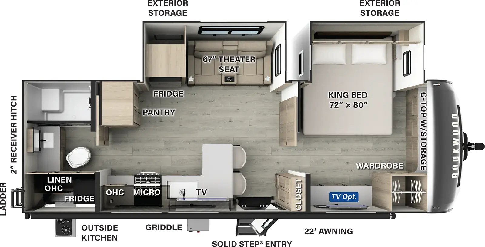 The Rockwood Signature Travel Trailers 8265KBS has one entry and two slide outs. Exterior features include: fiberglass exterior, 22' awning and outside kitchen. Interiors features include: front bedroom and rear bathroom.